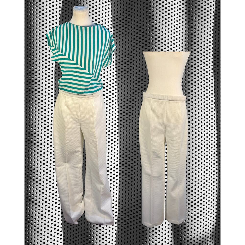 Vintage 70s Groovy White Waffle Knit Dagger Collar Blazer Flare Pants Set M/L - Picture 4 of 7